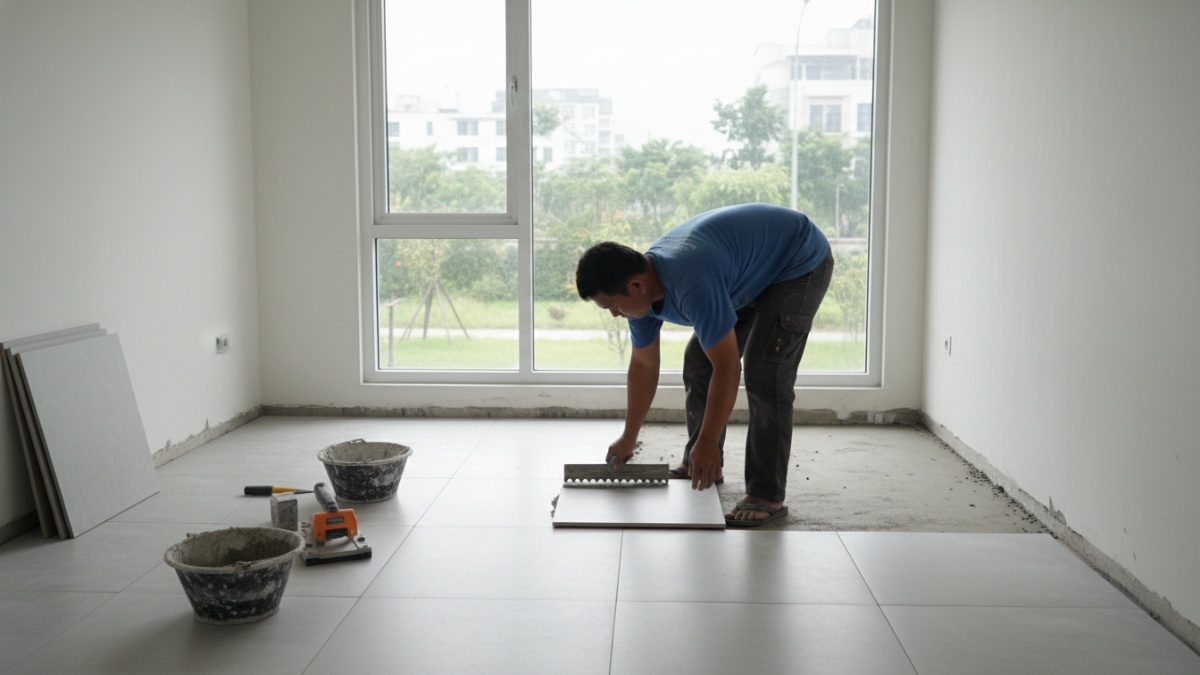 Proses pemasangan keramik ukuran 60x60 cm. 