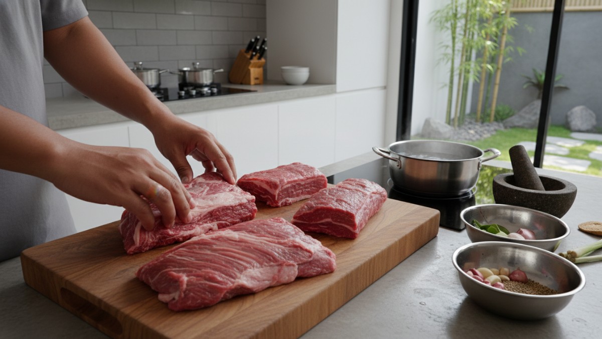 Potongan daging sengkel segar sebelum direbus.