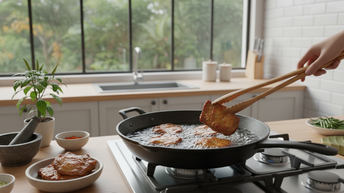 Empal digoreng sebentar dalam minyak panas sedang.