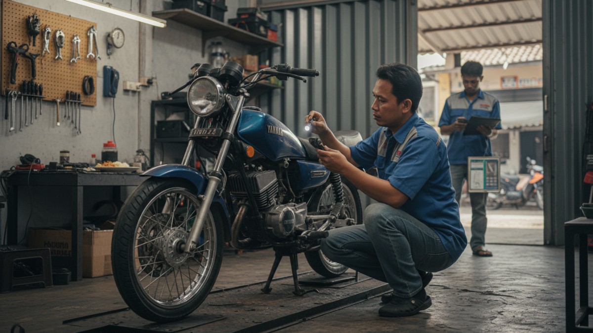 Proses pengecekan nomor rangka motor bekas oleh teknisi.