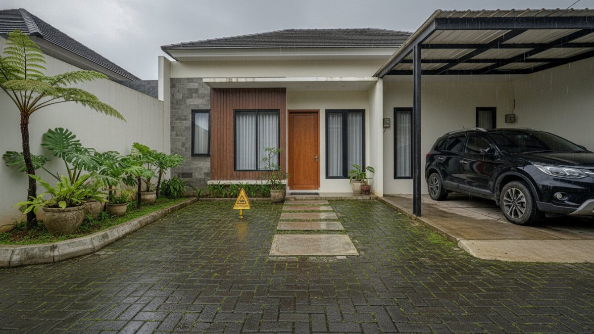 Paving block berlumut di halaman rumah tropis yang lembap dan teduh.