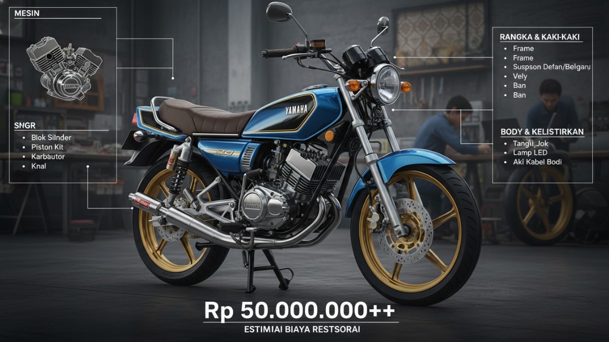 Ilustrasi biaya restorasi dan daftar suku cadang motor klasik.