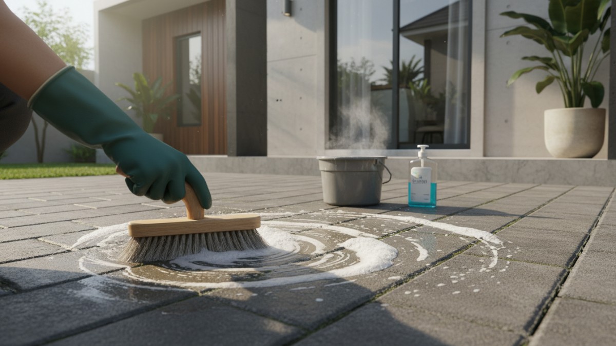 Proses menyikat paving dengan air sabun hangat.