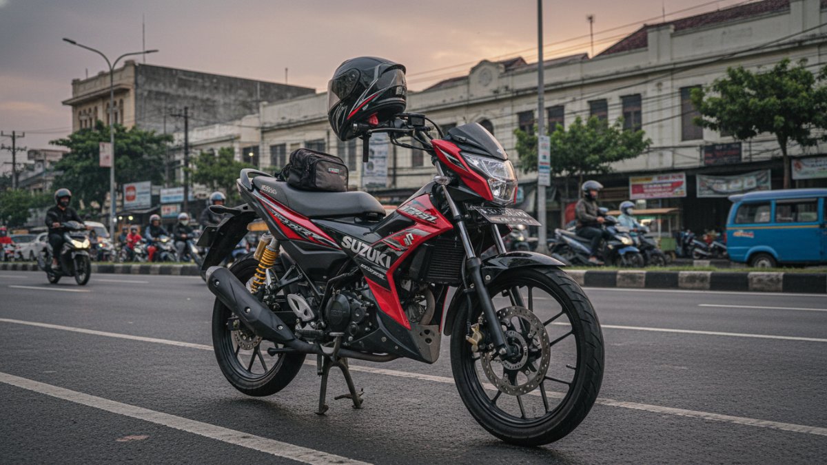 Suzuki Raider J Crossover parkir di jalan kota Indonesia, tampil sporty siap dipakai harian.