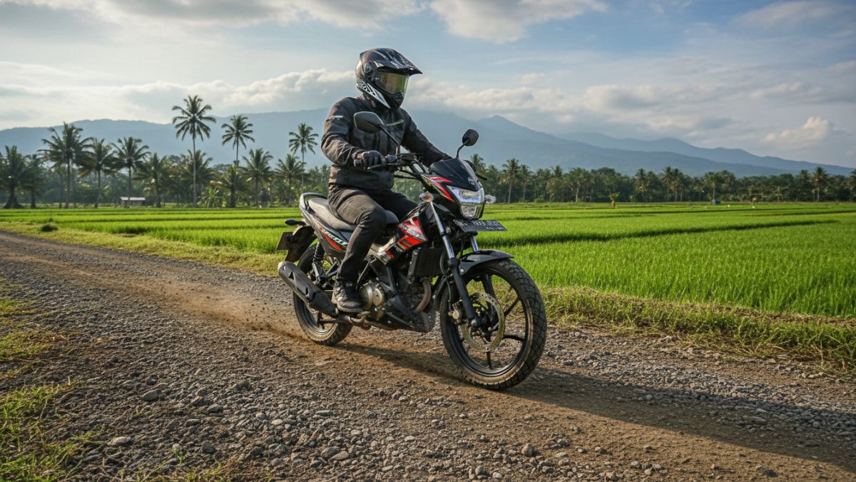 Detail ban dual purpose dan ground clearance motor di jalan bergelombang.