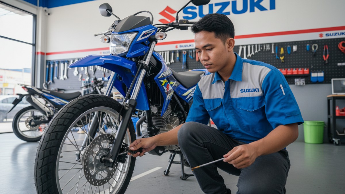 Mekanik mengecek tekanan ban dan oli mesin di bengkel resmi.