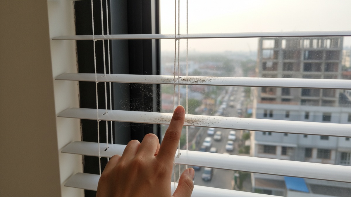 Debu menempel di bilah blind aluminium dekat jendela terbuka.