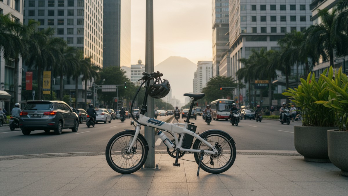 Sepeda listrik lipat terparkir di area urban modern, simbol mobilitas praktis kota padat.