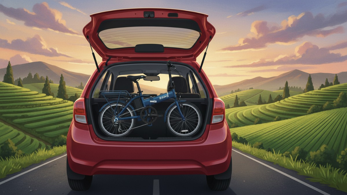  Ilustrasi sepeda listrik lipat dilipat masuk bagasi mobil kecil. 