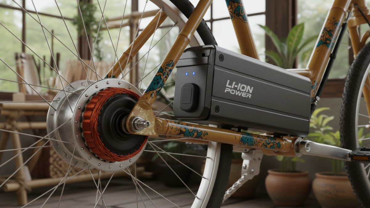 Detail motor hub dan baterai lithium-ion pada sepeda listrik.