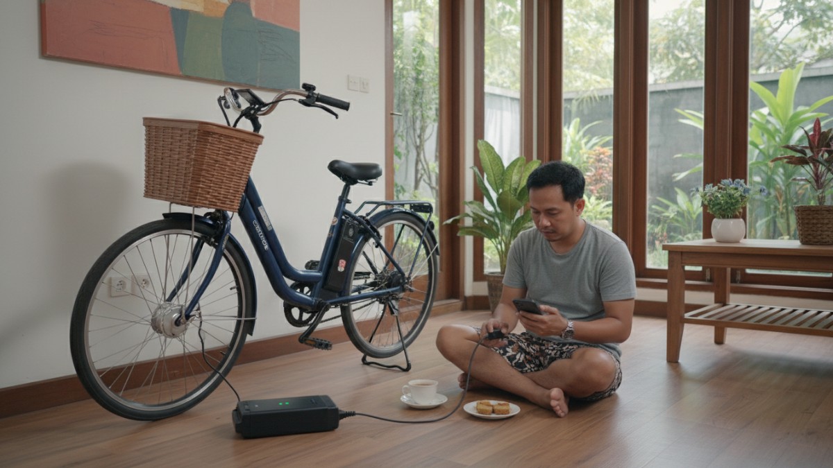 Pengguna mengisi daya baterai sepeda listrik di rumah.