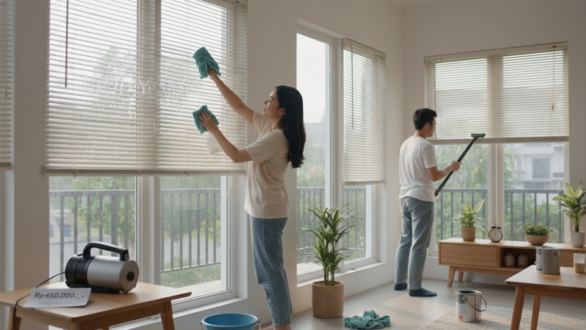 Proses membersihkan blind dengan kain microfiber lembap dan Vacuum nozzle kecil digunakan pada celah blind.