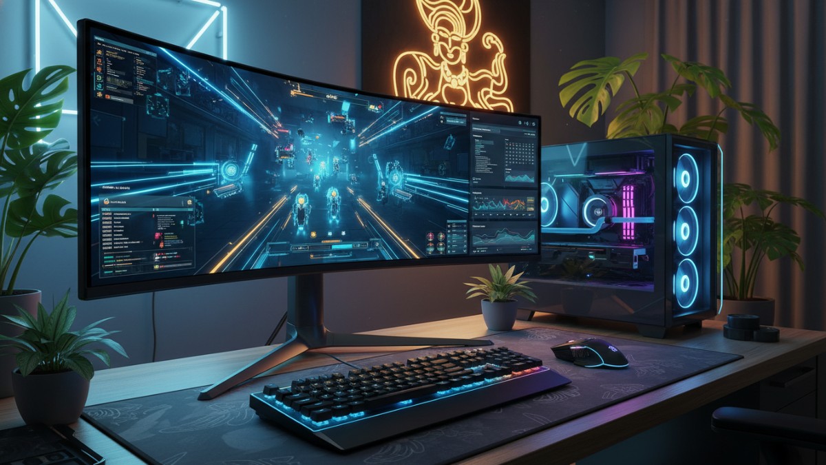 Desktop PC gaming 2026 dengan setup monitor besar dan pencahayaan modern, fokus pada performa dan produktivitas.