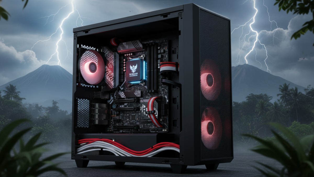 Ilustrasi motherboard dan prosesor generasi terbaru terpasang rapi dalam casing airflow besar.