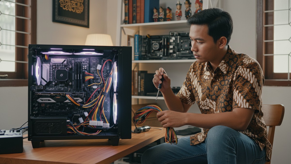 Teknisi mengecek power supply dan kabel manajemen dalam casing PC.