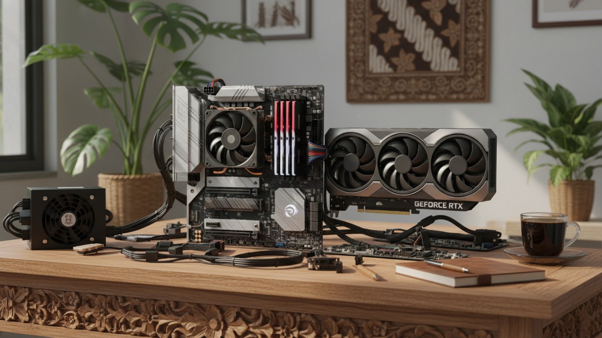 Komponen PC lengkap tersusun di meja, CPU, GPU, RAM, SSD sebagai panduan memilih.