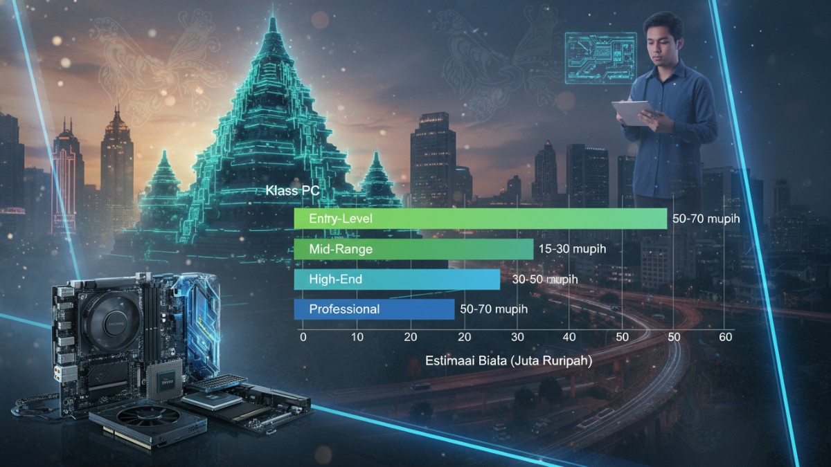 Grafik estimasi biaya rakit PC 2026 kelas entry hingga profesional.