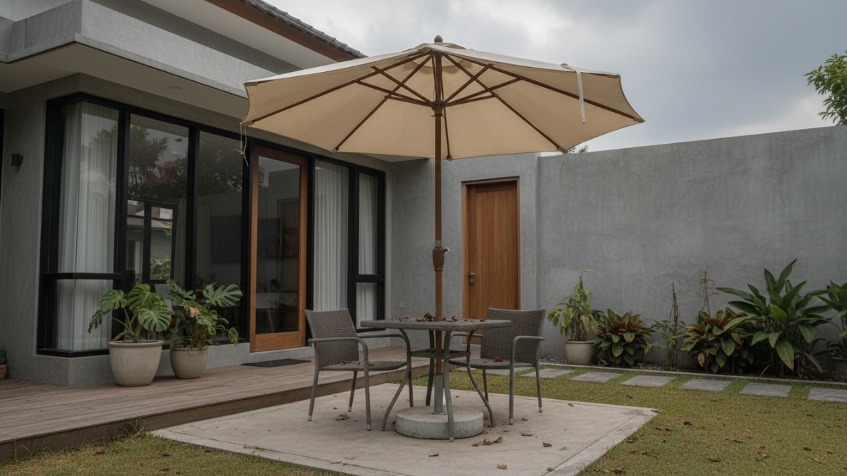 Payung taman minimalis diameter 3 meter menaungi meja kursi outdoor di teras rumah tropis.