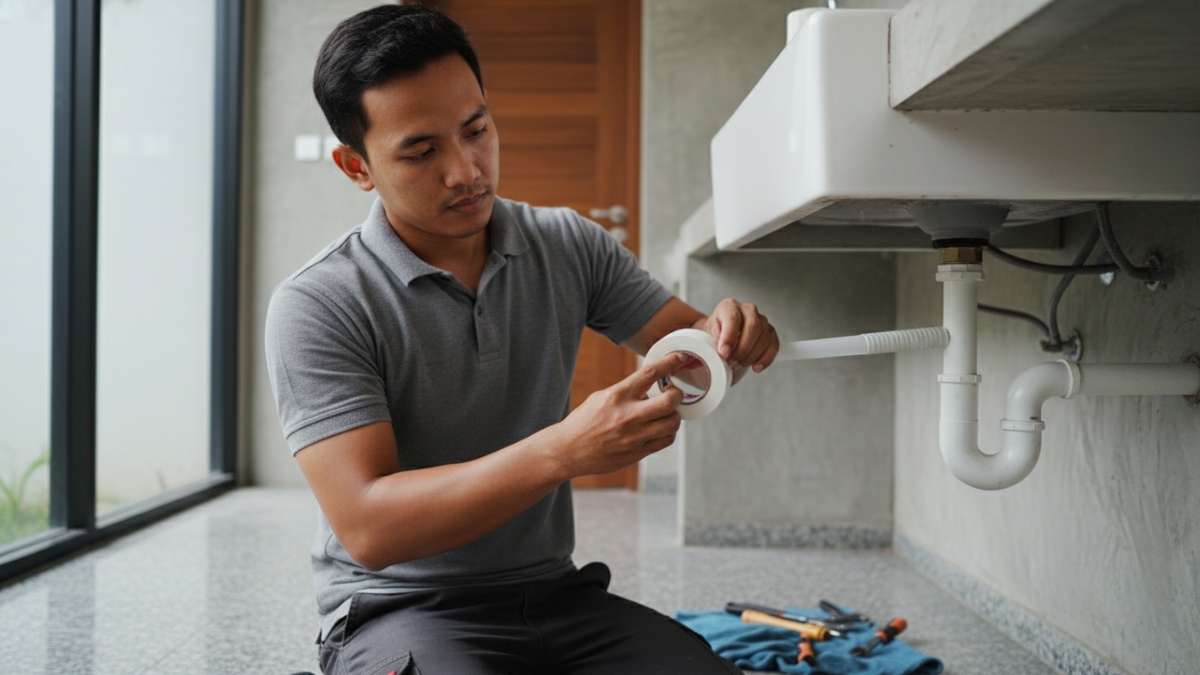 Seal tape pada ulir pipa untuk mencegah rembesan. 