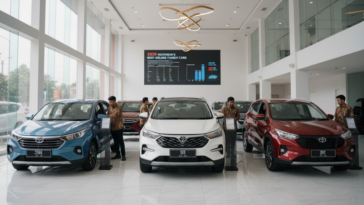Deretan mobil keluarga populer di showroom, ilustrasi tren mobil terlaris Indonesia 2026.