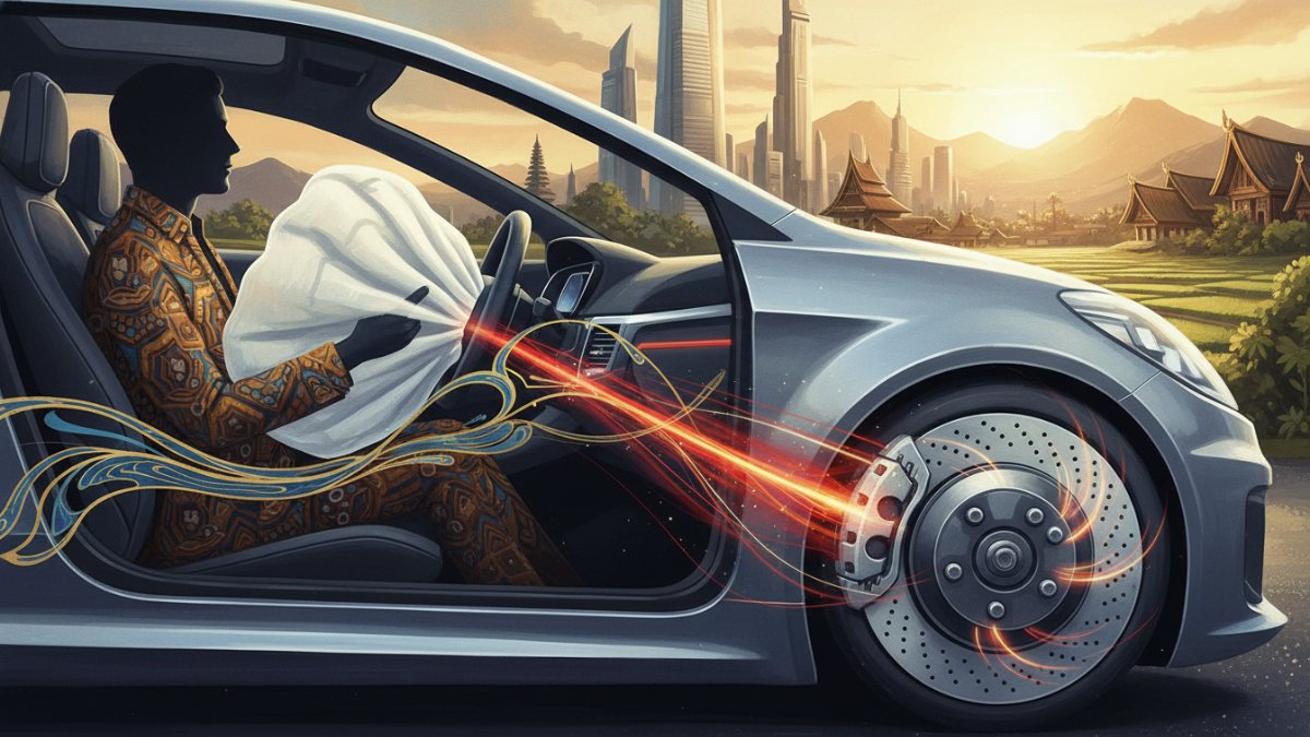 Ilustrasi fitur keselamatan mobil seperti airbag dan sistem pengereman ABS.
