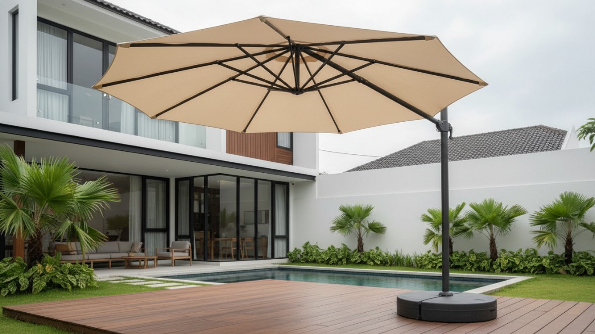Detail kain polyester payung taman dengan lapisan anti air.
