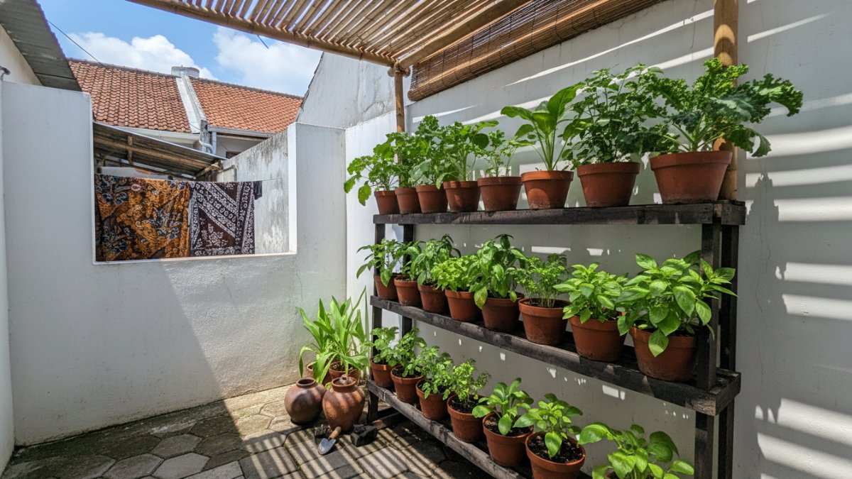 Rak kebun vertikal tiga tingkat di halaman sempit rumah urban dengan pot seragam dan sayur hijau segar.