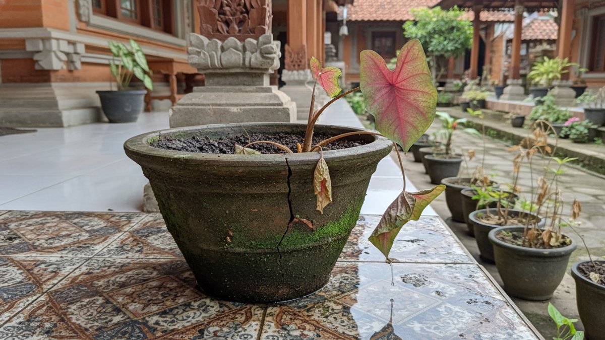 ontoh kesalahan pot tanpa drainase menyebabkan genangan air.
