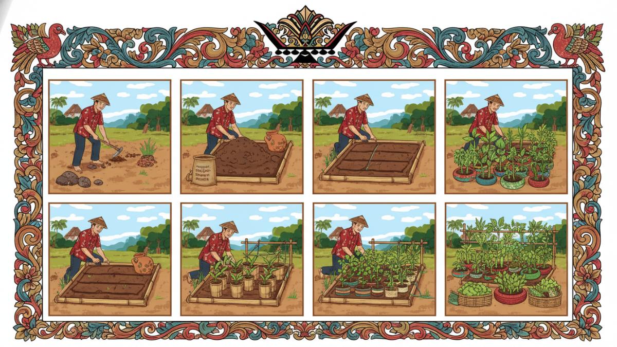 Ilustrasi enam langkah teknis menyusun kebun mini di lahan 1x1,5 meter.