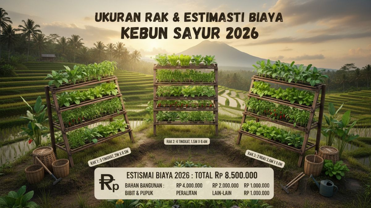 Diagram ukuran rak dan estimasi biaya kebun sayur 2026.