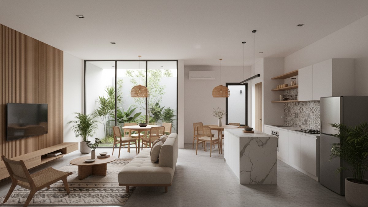 Ruang tamu dan dapur menyatu dalam konsep open space rumah tipe 36.