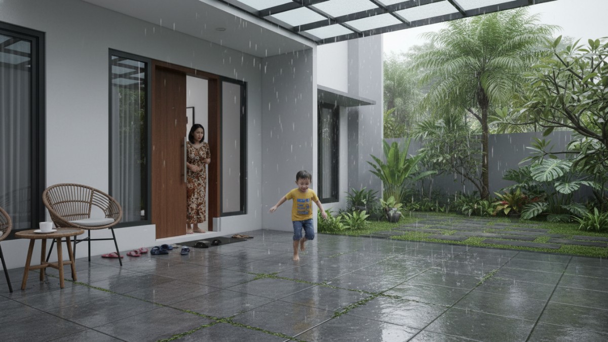 Teras rumah modern dengan lantai batu andesit anti licin saat hujan