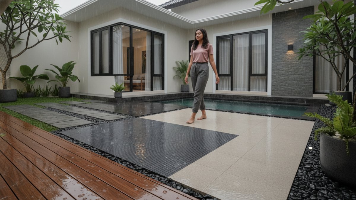 Contoh keramik outdoor tekstur kasar untuk area teras.