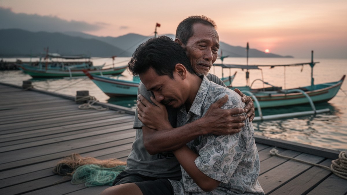 pertemuan haru antara nelayan dan lelaki tanpa tangan yang meminta maaf. 