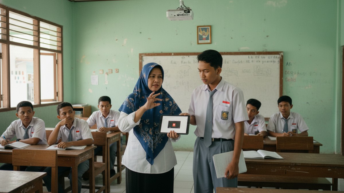 ruang kelas dan figur guru, menggambarkan isu video viral guru dan siswa tuna wicara yang memicu perhatian publik. 