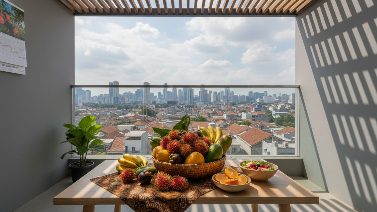 Deretan pot jeruk dan jambu di teras rumah minimalis.