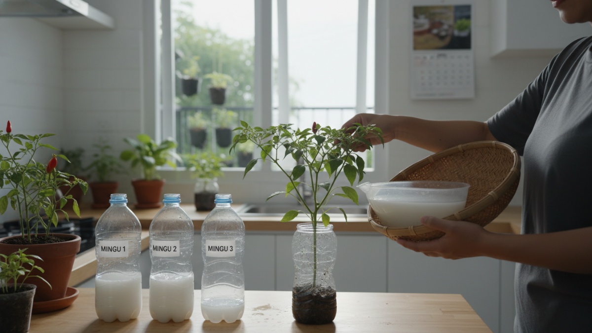 Ilustrasi penyiraman tanaman pot dengan air beras di teras rumah tropis, solusi urban farming hemat 2026.