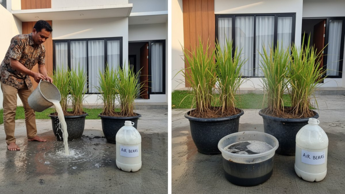 Contoh tanah pot berjamur akibat penyiraman berlebihan air beras.