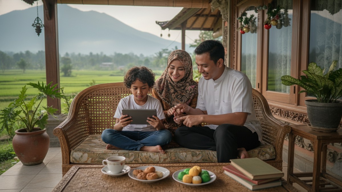  anak menggunakan gadget didampingi orang tua saat libur sekolah akhir tahun. 