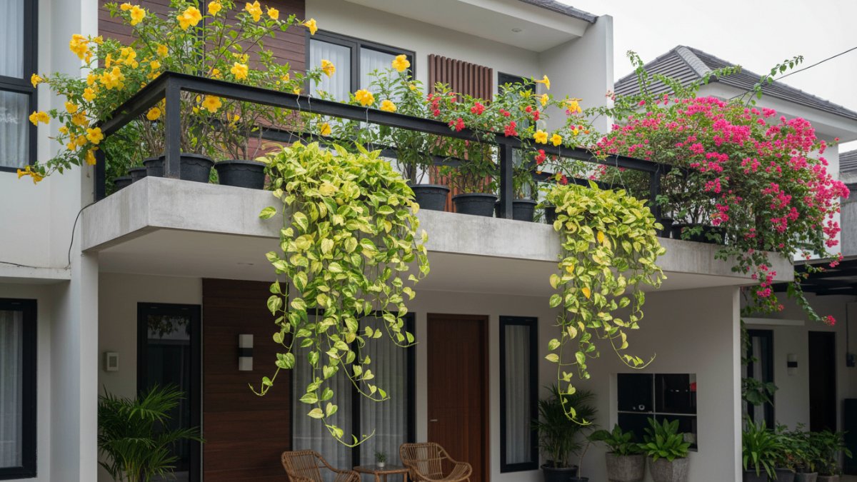 Proses pemasangan planter box besar di area carport rumah.