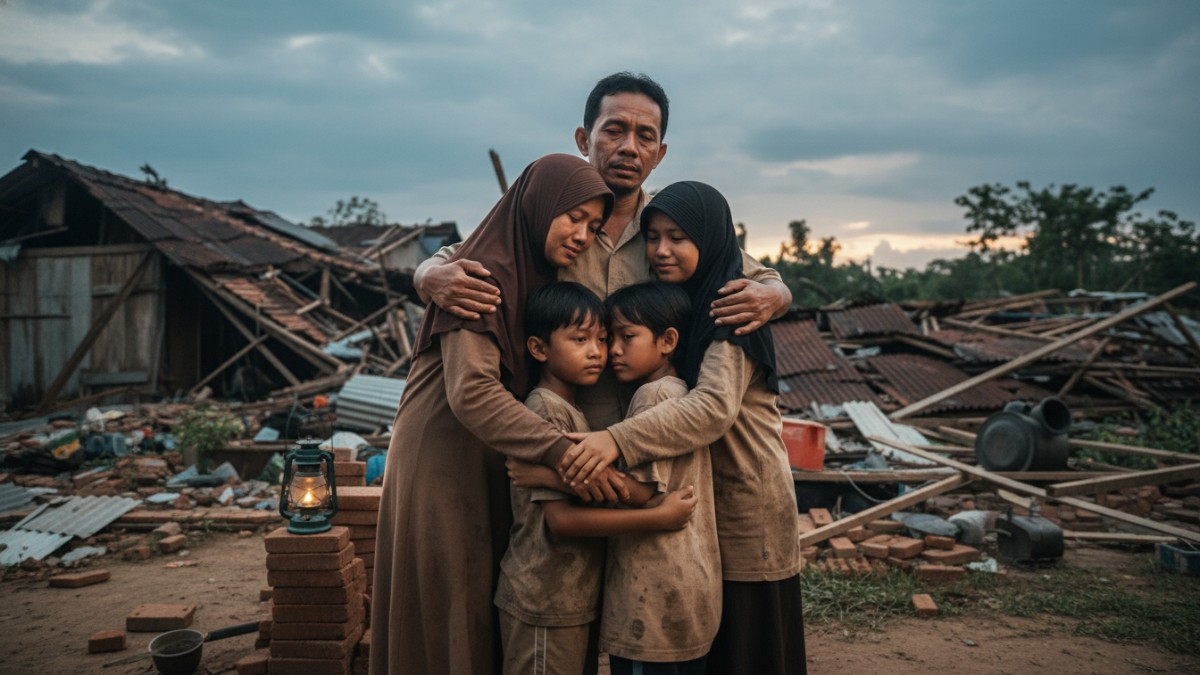 Ilustrasi keluarga saling menguatkan saat musibah sebagai bentuk menjaga harapan.