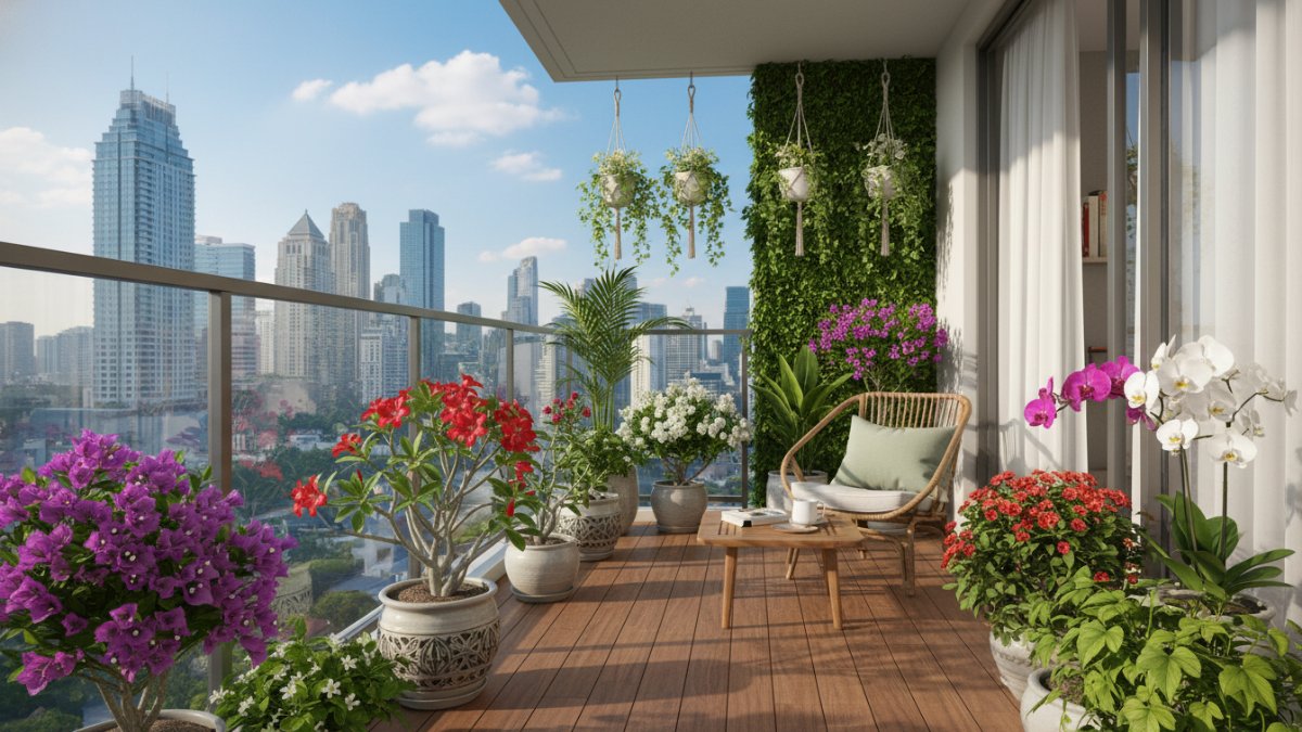 Balkon apartemen dengan bougenville dan lidah mertua tahan panas tersusun rapi.