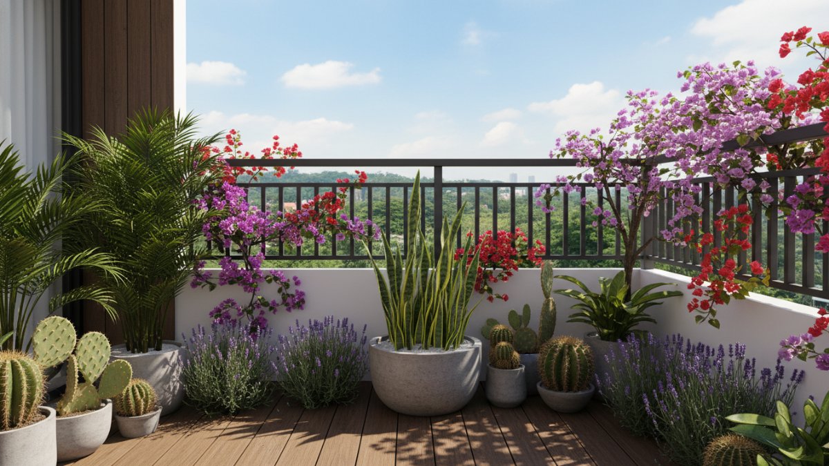 Bougenville berbunga di balkon tinggi dengan paparan matahari penuh.