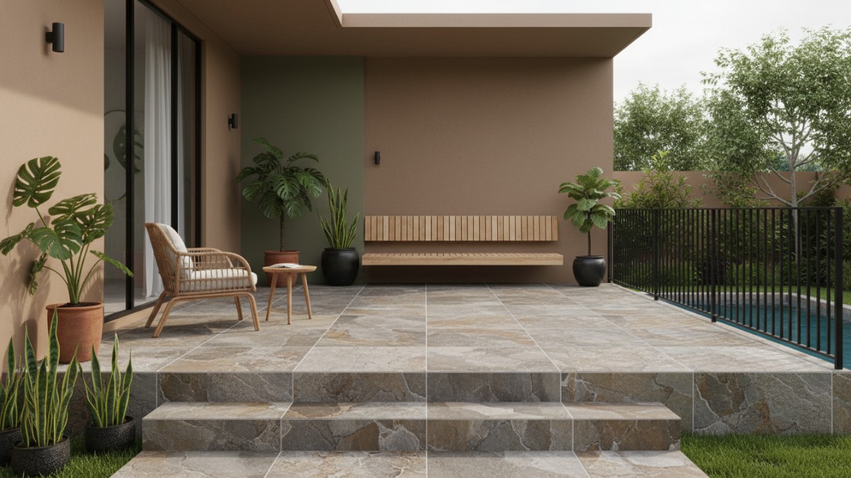 Teras rumah modern dengan keramik motif batu alam dan cat krem harmonis.