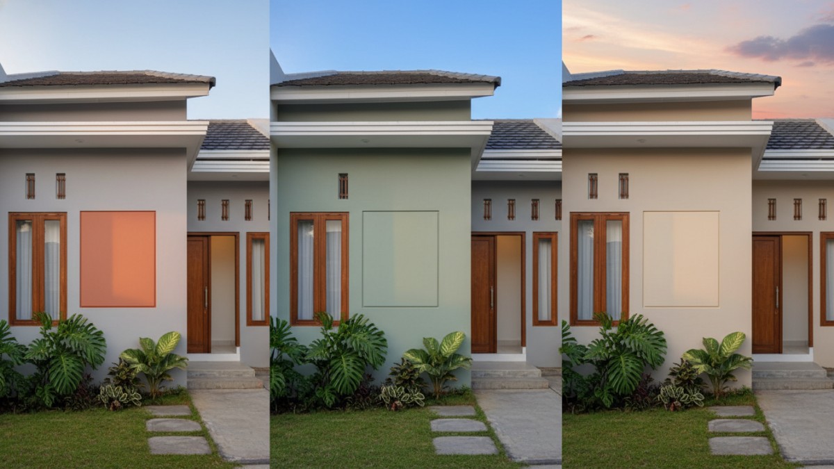 Contoh uji warna cat di dinding luar rumah sebelum pengecatan penuh.
