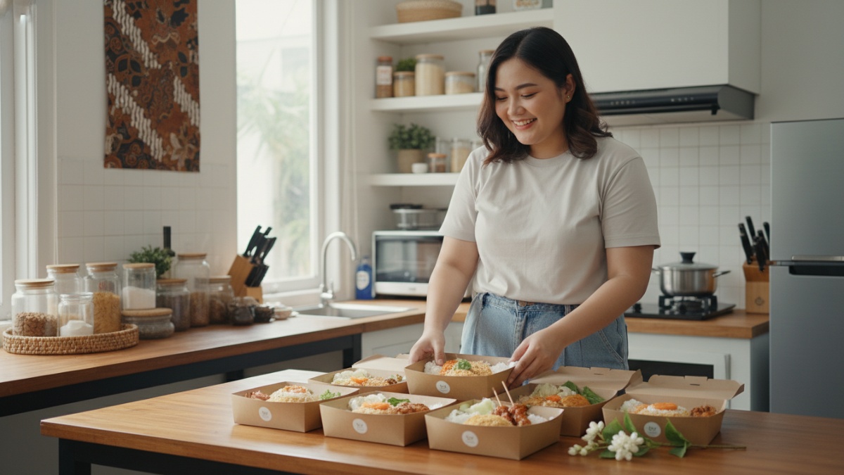 aktivitas usaha rumahan kuliner dengan kemasan rapi dan suasana dapur produksi rumahan