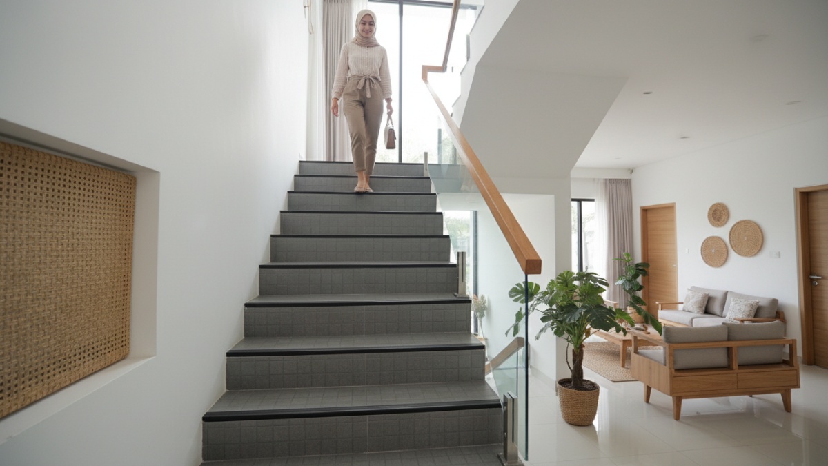 Tangga rumah dengan keramik matte bertekstur dan nosing anti-slip, contoh desain aman untuk hunian modern. 