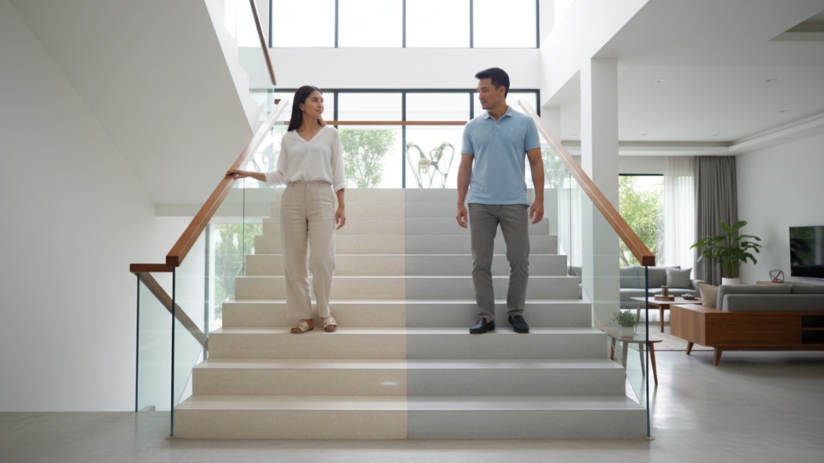 Perbandingan keramik glossy dan matte di tangga rumah. 