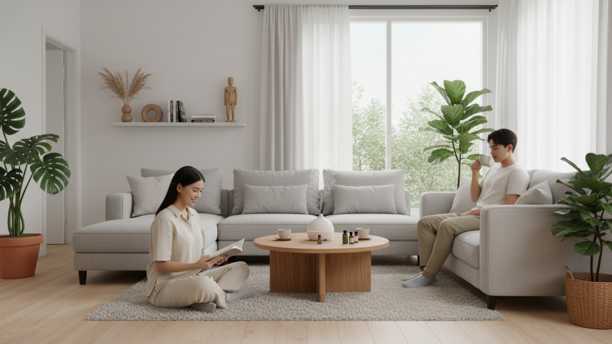 Ruang tamu rumah modern dengan tanaman indoor dan diffuser aroma alami menciptakan suasana hunian segar dan nyaman. 