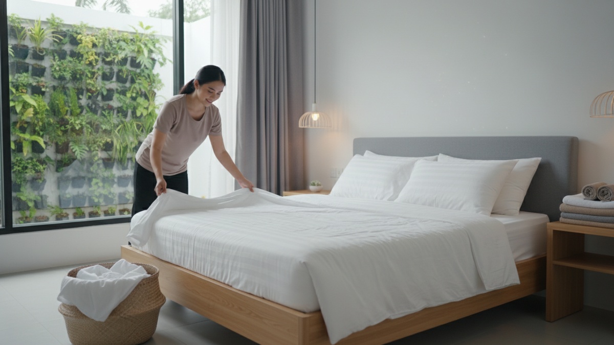 Membersihkan sprei dan tekstil rumah tangga agar kamar tidur bebas bau lembap. 